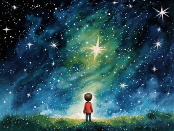 drawing of a child looking at a starry sky