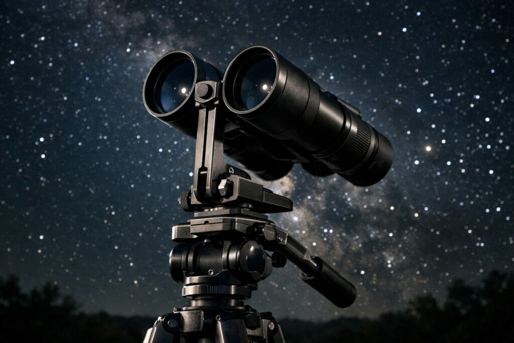 binocular tripod adapter with binoculars mounted on a tripod in front of a starry sky