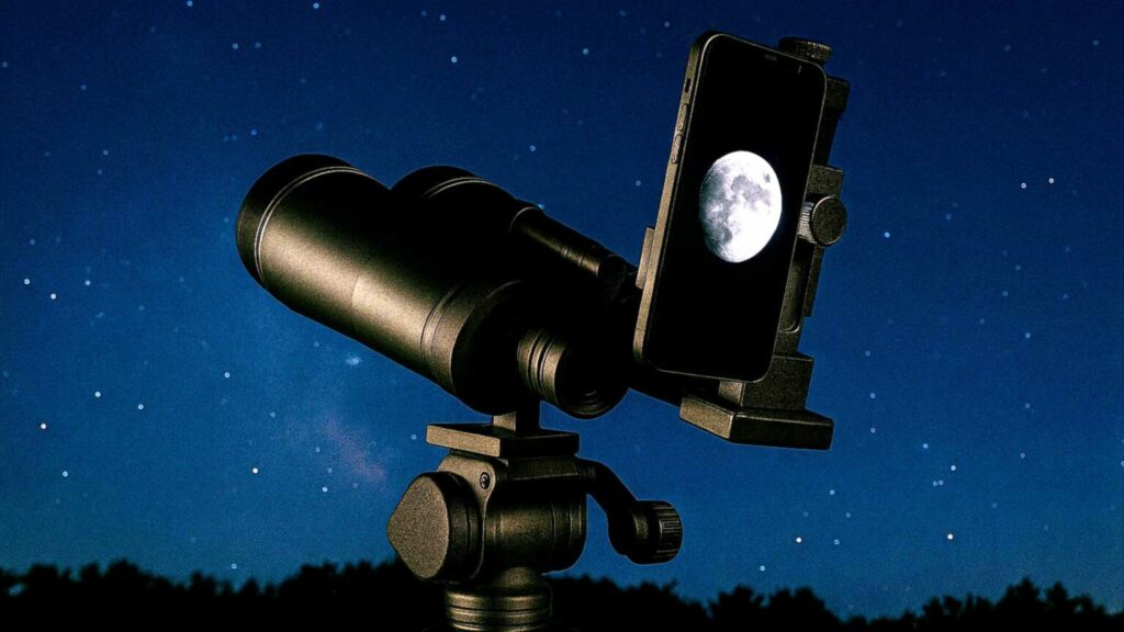 Smartphone adapter attached to binoculars for digiscoping the Moon
