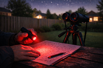 Astronomers red-light torch and star-chart