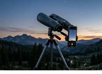 smartphone attached to binoculars on a tripod