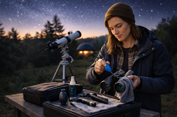 astronomer cleaning binoculars