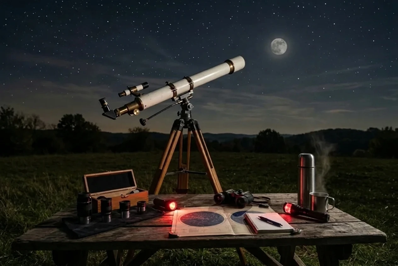 Table with assorted eyepieces with moon behind in the sky