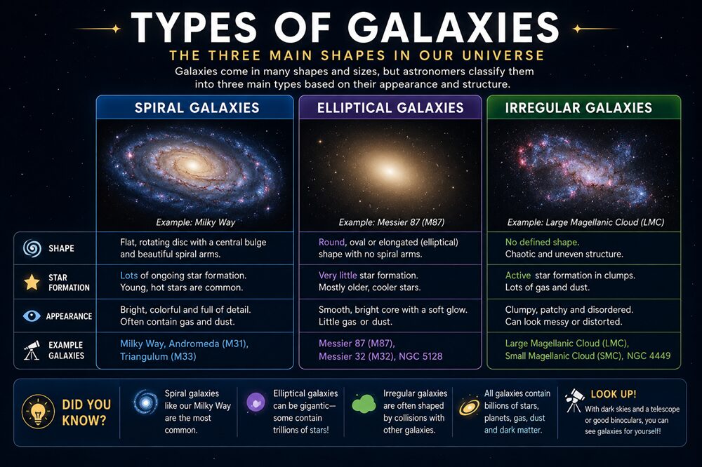 What are galaxies? Comparison of spiral, elliptical and irregular galaxy types