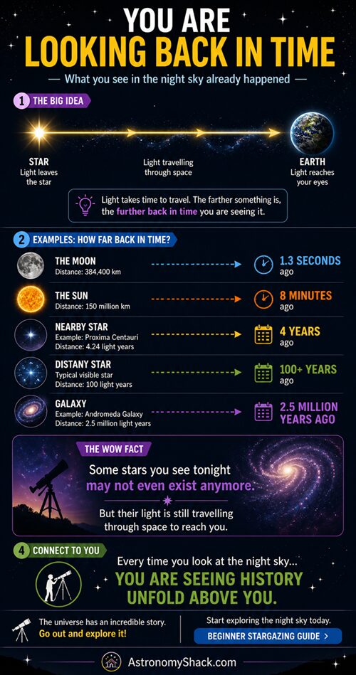 Infographic explaining the concept 'When you look at space, you’re looking back in time'