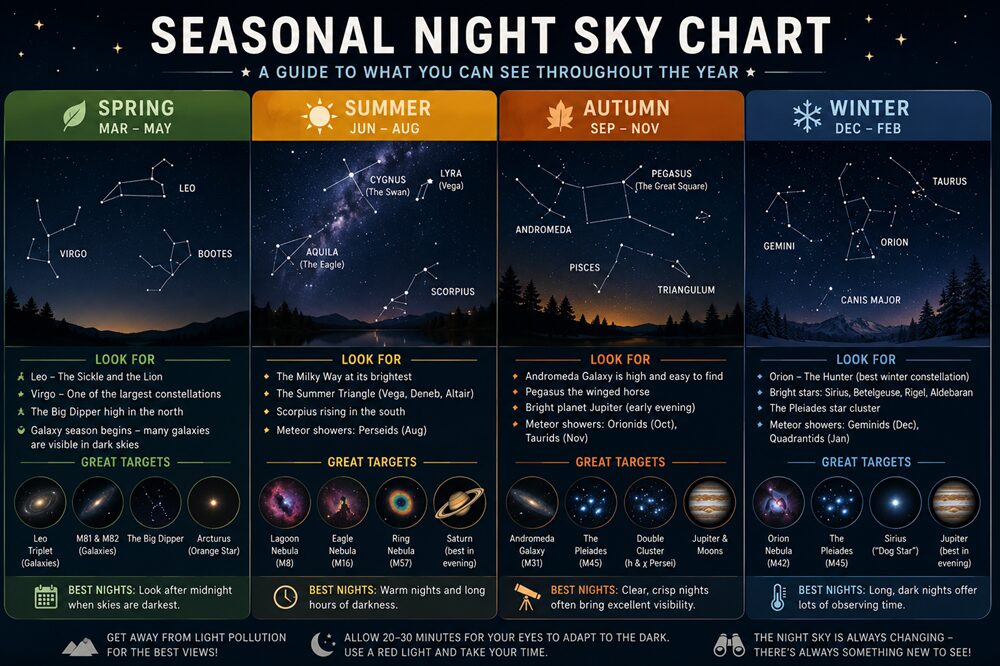 what can you see in the night sky? Graphic showing seasonal night sky chart