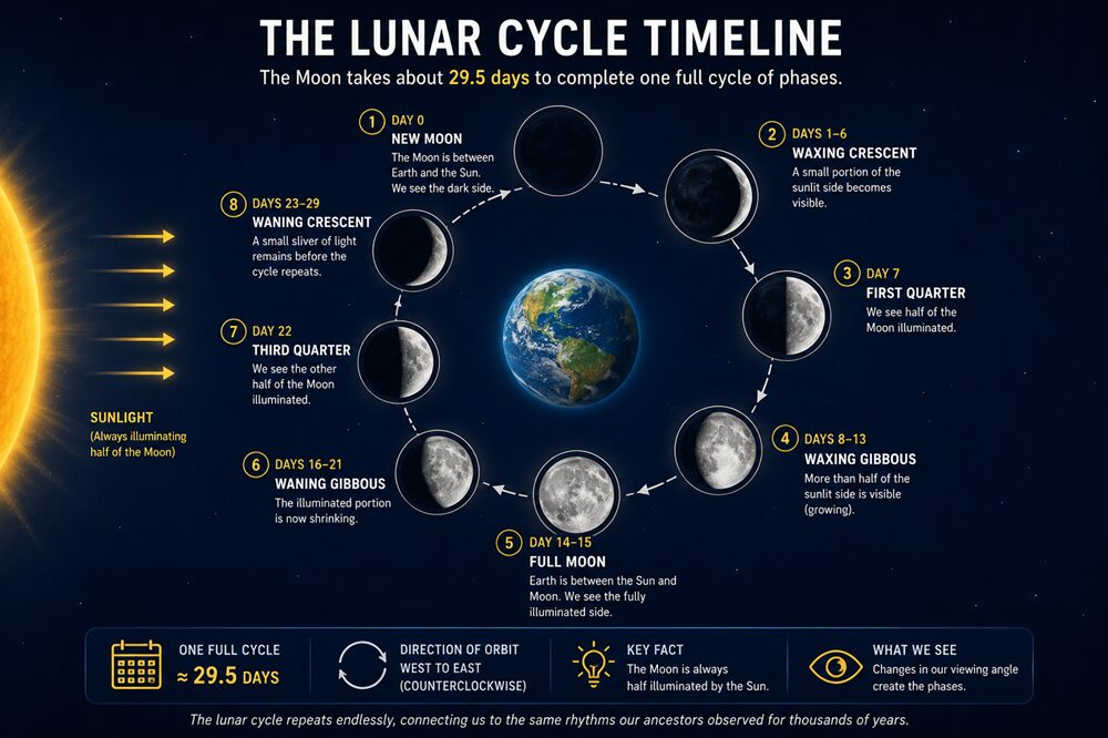 Timeline of the 29.5 day lunar cycle