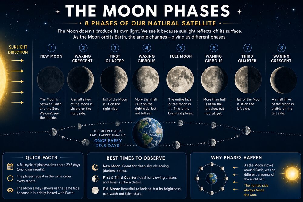 what can you see in the night sky? - Graphic showing the Moons phases
