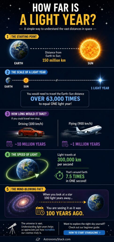 Infographic explaining what a light year is and how far it is in space
