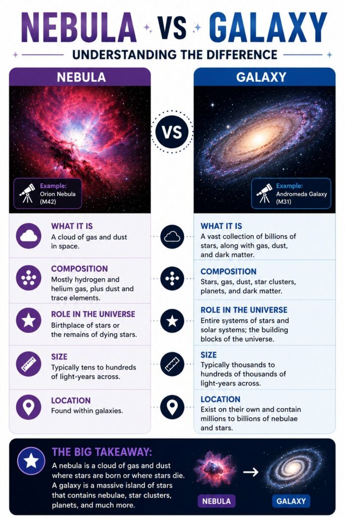 infographic showing the difference between nebulae and galaxies