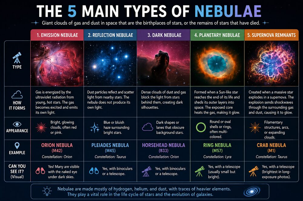 What is a nebula? Comparison infographic showing the five main types of nebulae and how they form.