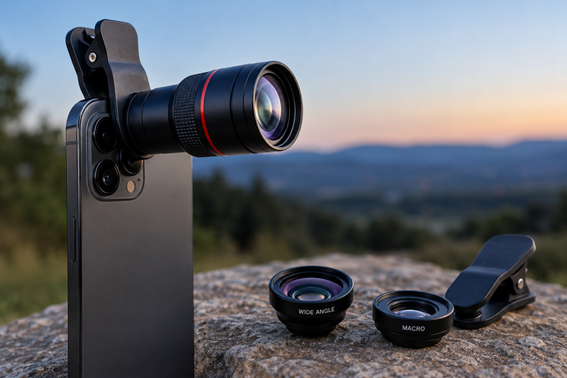 Smartphone with a clip-on telephoto lens beside wide-angle and macro phone lenses