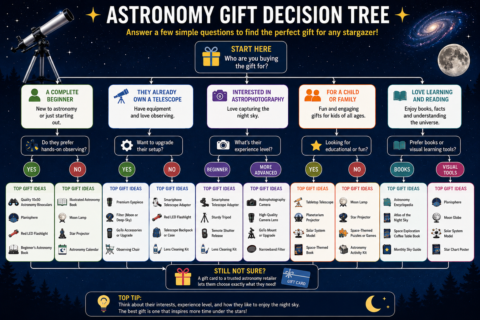 Best Gifts for Astronomy Lovers - Astronomy gift decision tree infographic