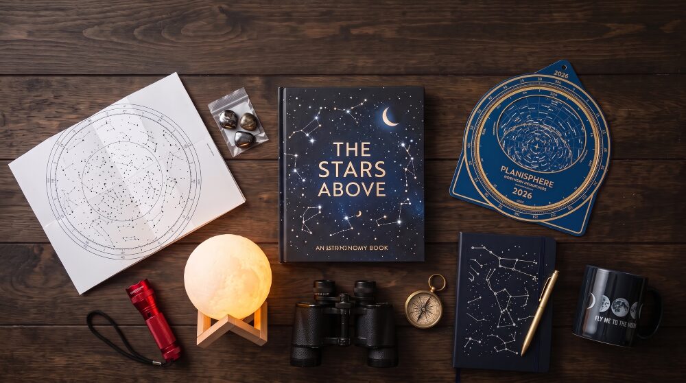 Astronomy gifts & books on a dark wooden table