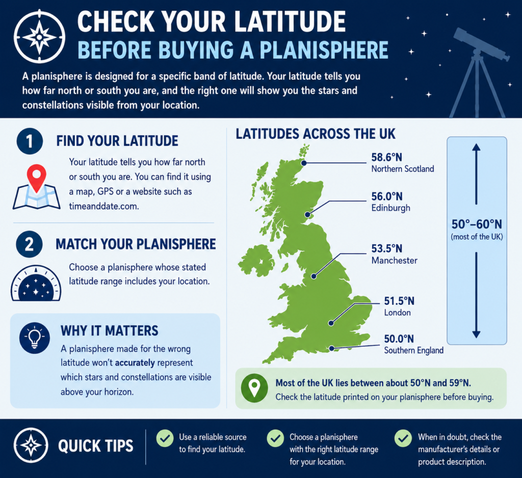 Best Planispheres for Stargazing - Infographic showing the Latitude around several points of the UK