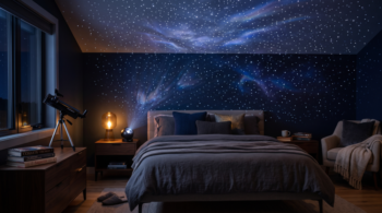 bedroom at night with a high-quality star projector casting a beautiful field of stars and subtle blue and purple galaxy effects across the ceiling and walls