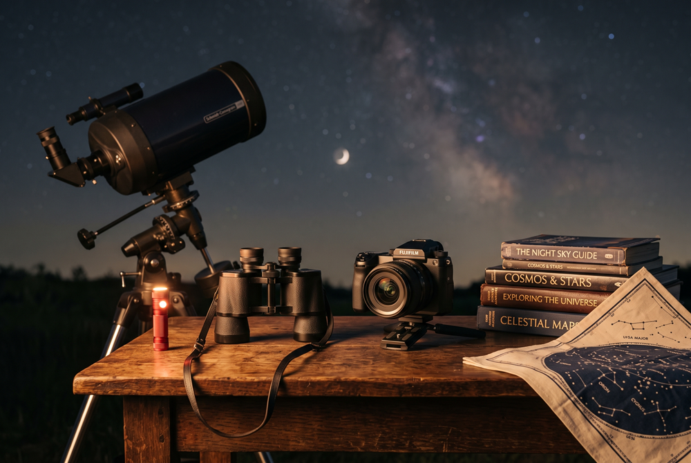 How to Choose the Perfect Astronomy Gift - A collection of different astronomy interests — telescope, binoculars, camera, books'