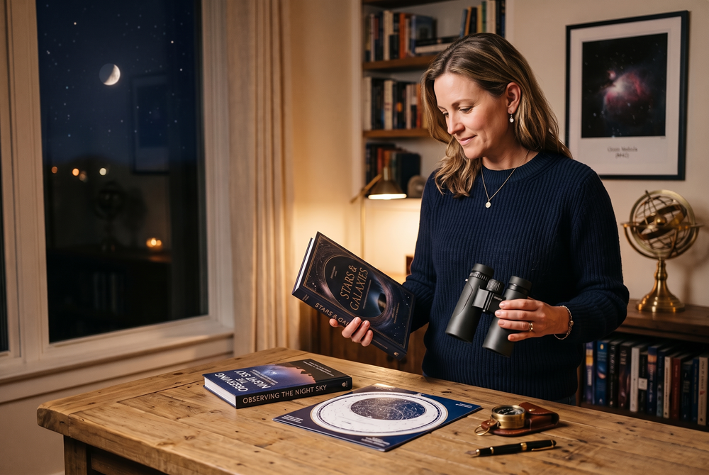 How to Choose the Perfect Astronomy Gift - Person standing at a table with a variety of astronomy gifts